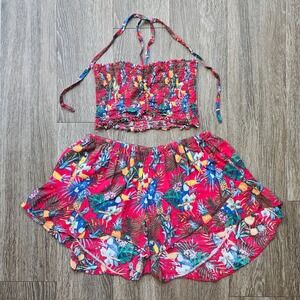 Tropical Toucan Print Two Piece Set Halter Top & Shorts‎ L/XL Red